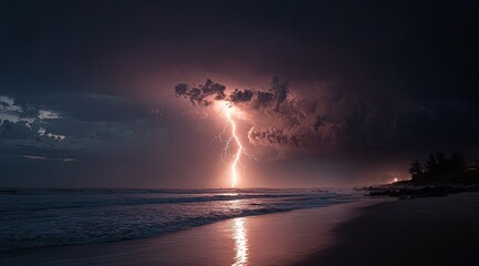 Dramatic lightning strike over a beach at night