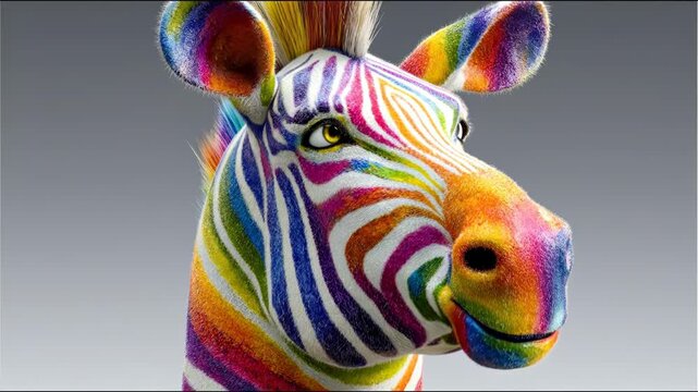 A vibrant zebra head, painted with rainbow colors, exhibits a playful expression. Its stripes are a spectrum against a gray background