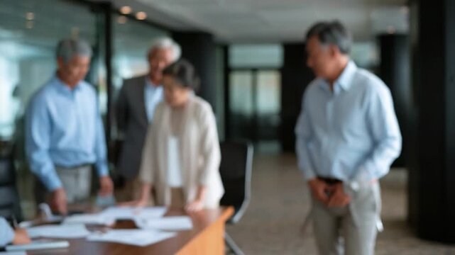 Corporate Conclave: A collaborative business meeting unfolds within a modern office setting, the atmosphere charged with focused discussion and strategic planning.