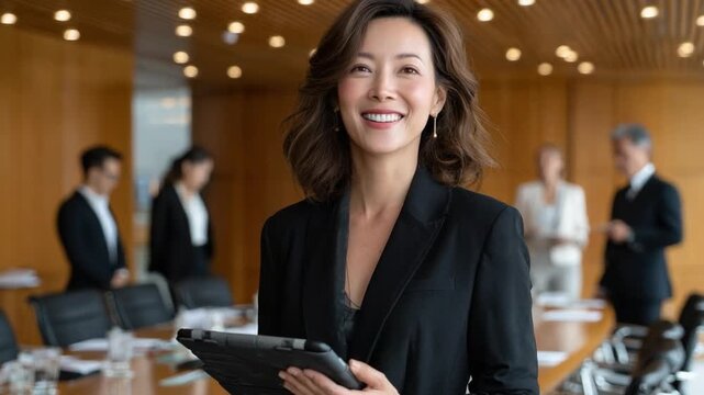 Leading with Confidence: A poised and successful leader, radiating intelligence and authority, stands confidently in a modern boardroom, ready to guide her team to greater success.