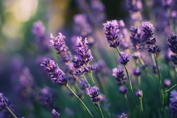 Fototapeta premium Close-up of vibrant purple lavender blossoms in a field, soft focus
