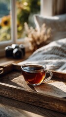 cozy visual winter lifestyle scene texture light – Cozy Morning with a Cup of Tea and Rustic Decor by the Window