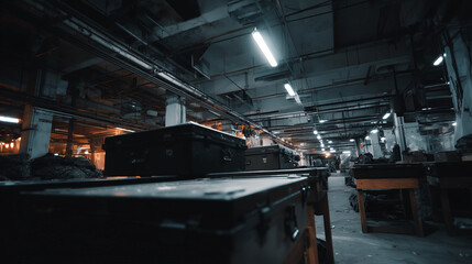 Fototapeta premium Industrial dark room in the building, ammunition boxes, dirty, deserted and ownerless