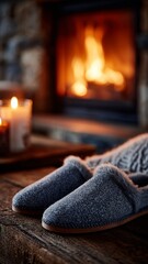 cozy visual winter lifestyle scene texture light – Cozy Winter Hygge Scene with Warm Slippers by Fireplace