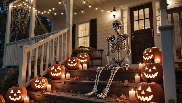 Halloween porch decorated with glowing jack-o’-lanterns, skeleton figure, candles, and autumn leaves creating a spooky festive atmosphere at night.