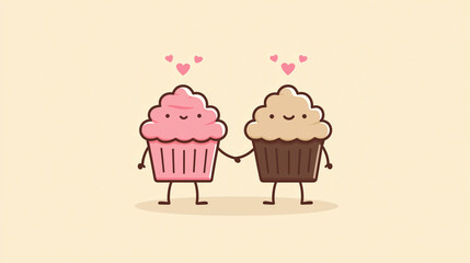 Cartoon cupcake couple, one with pink frosting, one with chocolate frosting, holding hands with tiny hearts above their heads