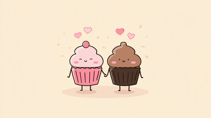 Cartoon cupcake couple, one with pink frosting, one with chocolate frosting, holding hands with tiny hearts above their heads