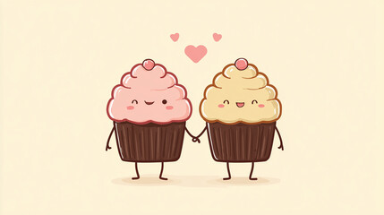 Cartoon cupcake couple, one with pink frosting, one with chocolate frosting, holding hands with tiny hearts above their heads