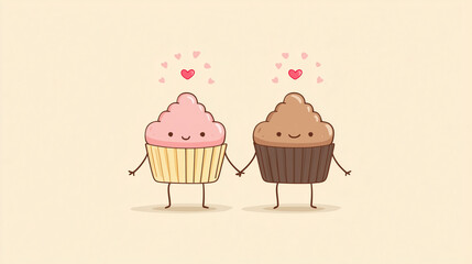 Cartoon cupcake couple, one with pink frosting, one with chocolate frosting, holding hands with tiny hearts above their heads
