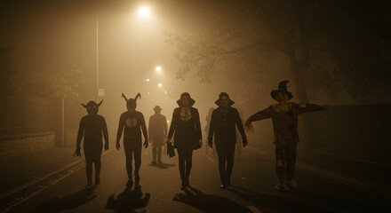A group of friends dressed in Halloween costumes walking through a foggy street at night