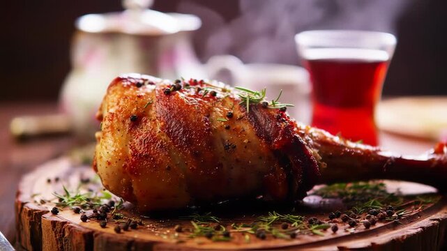 Roasted pork knuckle with bacon, herbs, and spices on a wooden board. A cup of tea is in the background