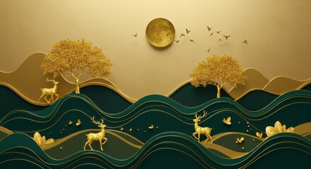 Golden moon, emerald waves and deer — serene luxury landscape mural