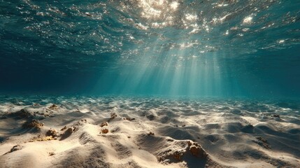 Underwater sunbeams illuminate a sandy seabed