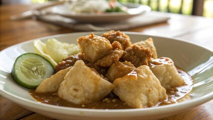 Close Up of Traditional Indonesian Batagor with Peanut Sauce and Lime Garnish for Street Food Culture