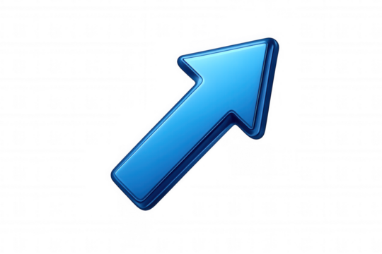 Blue 3d arrow icon pointing up and right symbolizing growth, success, progress, and increasing trend on transparent background