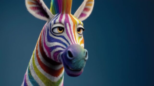 A brightly colored, cartoonish zebra with a rainbow mane and stripes, smiling with a blue background