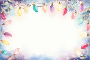 Obraz premium Watercolor Christmas Lights Frame, Festive Holiday Decoration with Colorful Bulbs, Winter Foliage and Berries, Decorative Border for Cards and Invitations,Watercolor frame