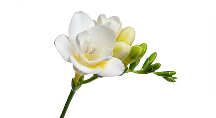 A delicate white freesia flower with yellow accents on a white background.