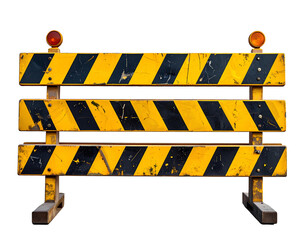 Black and yellow construction road barrier isolated on a transparent background, PNG