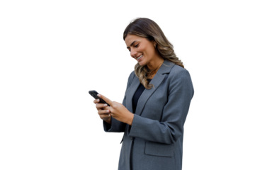 Young businesswoman smiling, reading or texting on mobile phone, showing communication, networking and technology concepts, transparent background