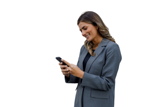 Young businesswoman smiling, reading or texting on mobile phone, showing communication, networking and technology concepts, transparent background
