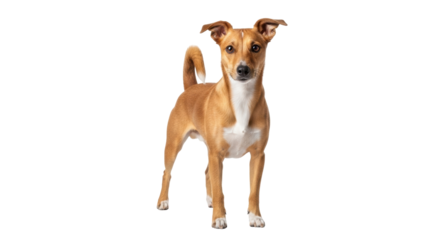 Isolated Basenji dog portrait in studio with its tail curved high, showing chest white