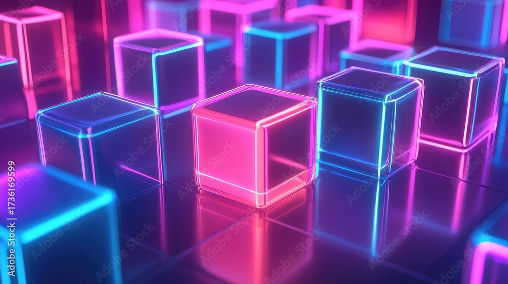 Wall mural neon glowing cubes creating abstract futuristic data pattern