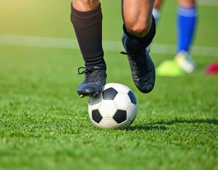 Fototapeta premium Dynamic shot of a soccer player's feet skillfully dribbling the ball across a vibrant green field during practice