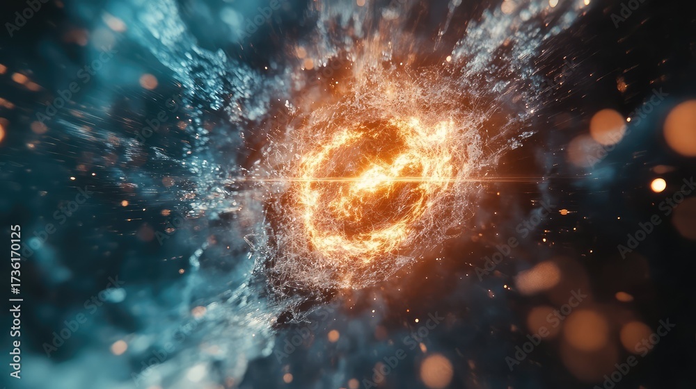 Sticker energy explosion creating abstract particle splash in dark