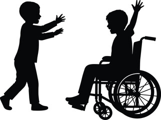 Children, wheelchair, silhouette, interaction, friendship, inclusion, play, mobility, black, white, illustration, greeting, joy, outdoor, accessibility, emotion