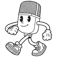 Black and white outline of a happy, retro cartoon microphone mascot wearing sneakers and walking. Vintage style broadcasting character for coloring pages, music, or podcast designs.