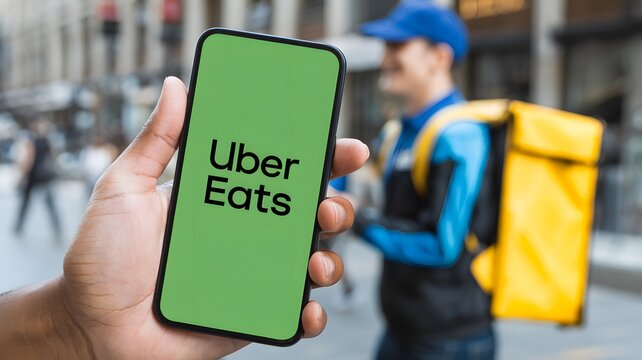 &Ccedil;orum, Turkey. 03.14.2025 A person holding a smartphone and the Uber Eats app logo on the phone screen. Smartphone and mobile application concept. Logo of the Uber Eats app on a smartphone.