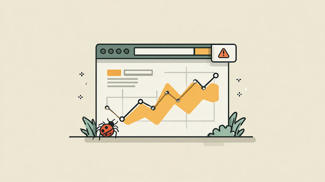 Flat-style illustration of a line graph showing an upward trend next to a web browser URL bar with a bug alert icon, concept for business growth