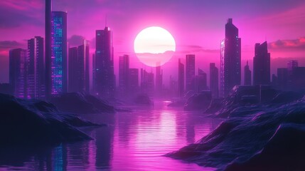 Fototapeta premium Futuristic neon city skyline over purple water at sunset