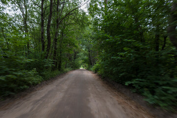 The effect of speed on the road and blurred objects. View of the road on a sunny summer day.