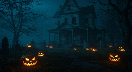 A haunted house exterior with glowing jack-o’-lanterns and eerie moonlight