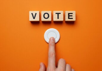 Finger pressing a button with the word VOTE on wooden blocks above it against an orange background