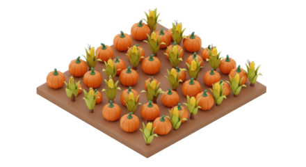 Isometric view of a small farm plot with rows of ripe pumpkins and corn stalks arranged in a neat pattern.