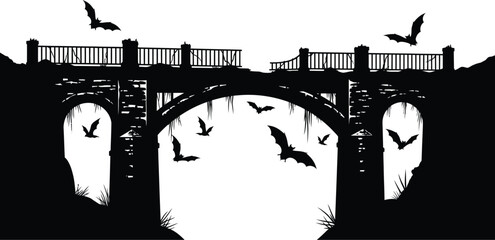 Naklejka premium Silhouette of bats flying over an old broken bridge