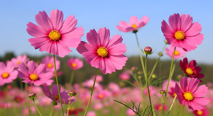 Obraz premium Pink Cosmos Flowers in Full Bloom Under Blue Sky floral