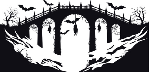 Naklejka premium Spooky bridge silhouette with bats flying in the moonlight