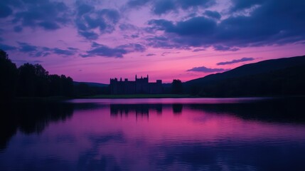 Fototapeta premium Serene sunset over a calm lake with a castle silhouette against a colorful sky