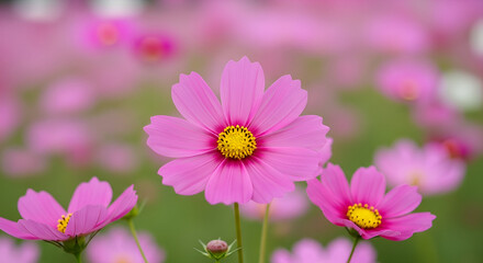 Obraz premium Close-up of Pink Cosmos Flowers in Bloom petals yellow center