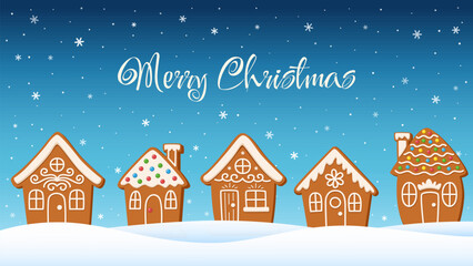Merry Christmas greeting card with gingerbread houses in snowy winter landscape. Cute holiday background illustration for celebration, invitations, posters, banners and seasonal decoration.