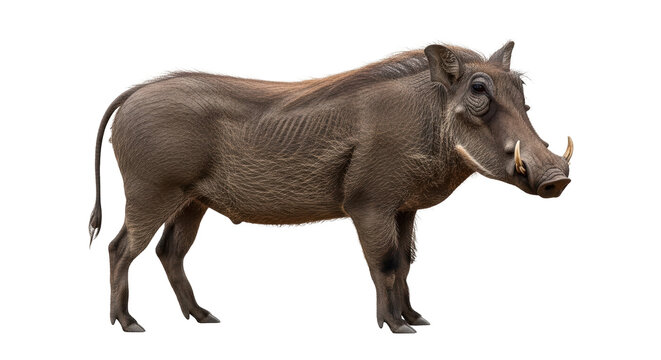 Isolated Wart hog standing in profile view showcasing formidable tusks and bristly coat