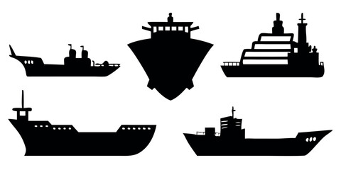 Vector Silhouette Set of Ships Cargo Container Vessel Cruise Liner and Fishing Boat