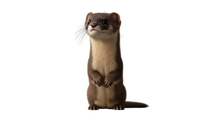 Isolated Ermine Standing Up Looking Up, Cute Mustelid With Brown Fur, Long Body, Small Tail