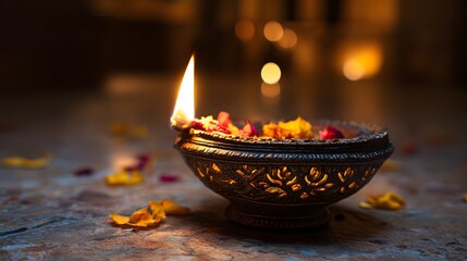 Decorative Diya Lamp Burning with Flower Petals During Festival Celebrations. Happy Diwali, Happy Deepavali, Happy Deepawali. Hindu, Jain, Sikh. Diya Candle
