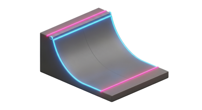 Isometric view of a skate ramp with neon pink and blue outlines, isolated on a white background.