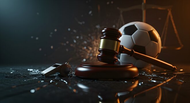 Legal issues in sports, corruption, and justice concept with soccer ball.